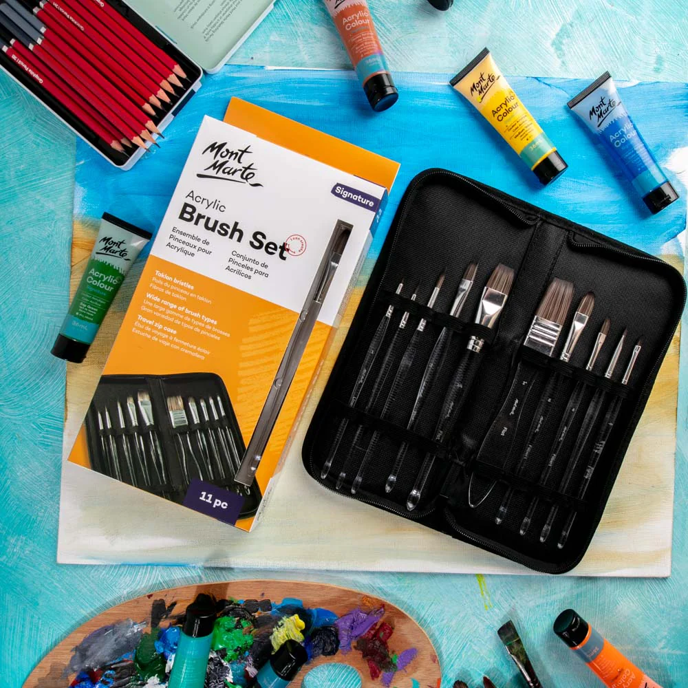 Clear Handle Acrylic Paint Brush Set Signature 11pc - Image 8