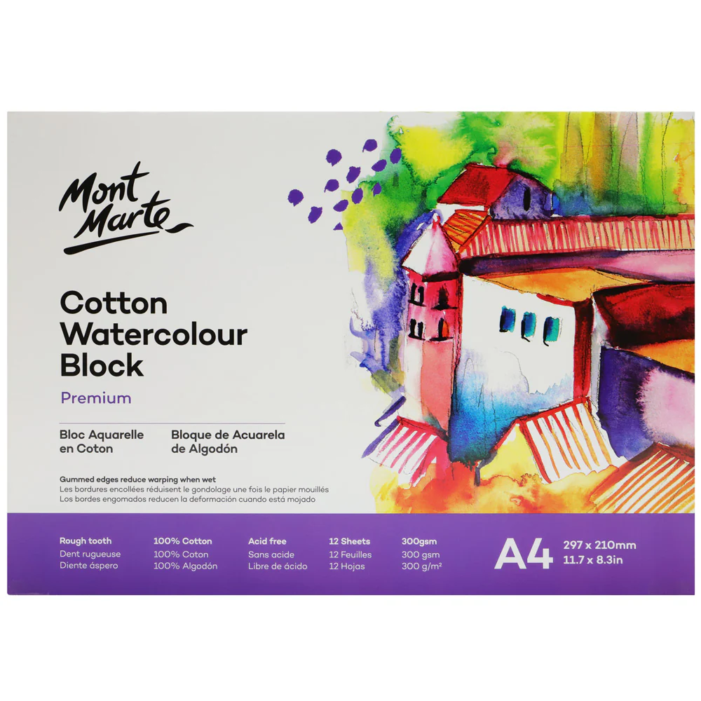 Cotton Watercolour Paper Block Premium 300gsm A4 (11.7 x 8.3in) 12 Sheet