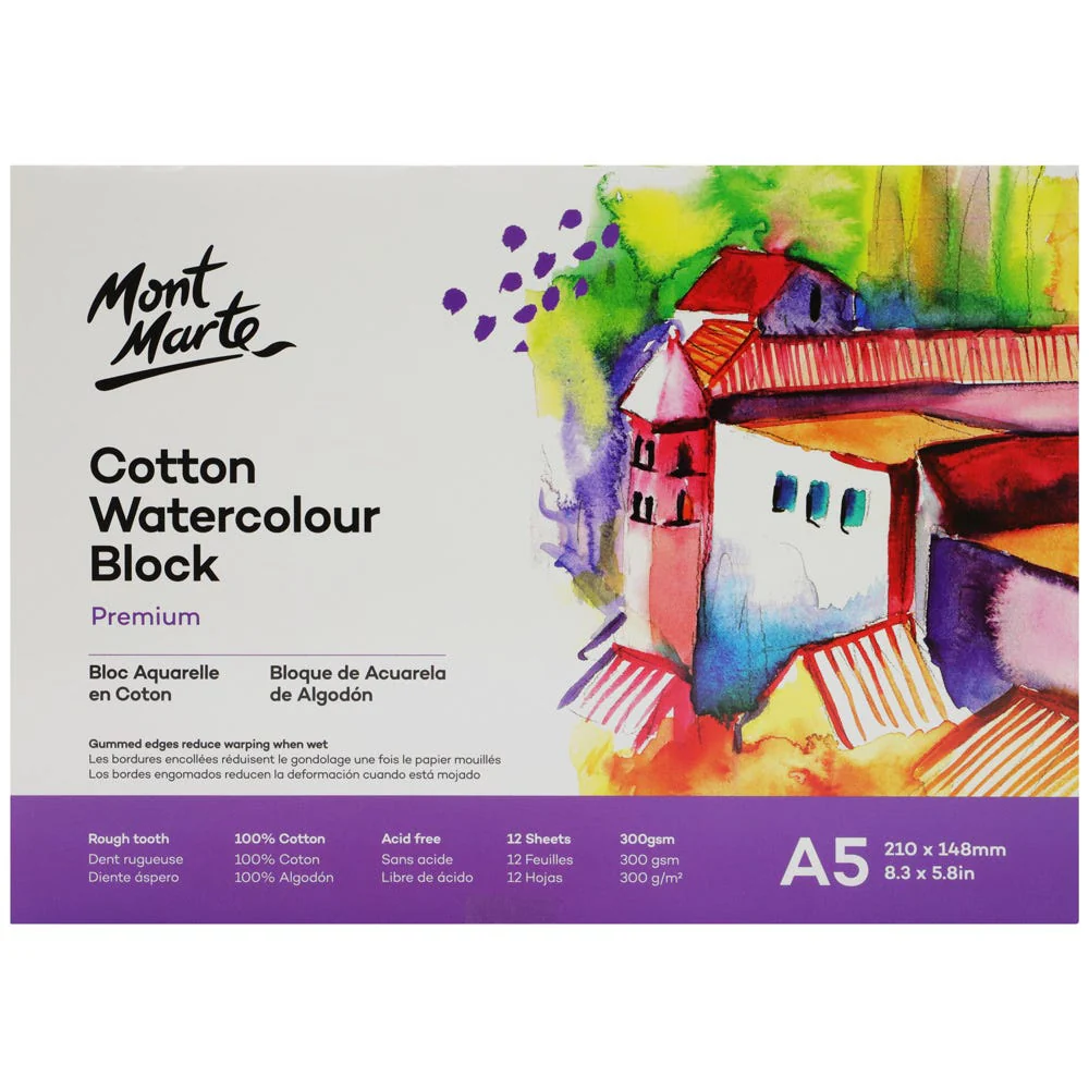 Cotton Watercolour Paper Block Premium 300gsm A5 (8.3 x 5.8in) 12 Sheet